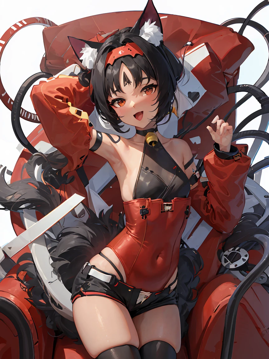 masterpiece,official art,extremely detailed cg unity 8k wallpaper,highly detailed,absurdres,8k resolution,1girl, solo, breasts, looking at viewer, smile, short hair, open mouth, bangs, black hair, red eyes, long sleeves, white background, animal ears, bare shoulders, standing, tail, :d, thighs, multicolored hair, cowboy shot, hairband, small breasts, detached sleeves, shorts, fang, puffy sleeves, cat ears, dark skin, leotard, red ribbon, dark-skinned female, cat tail, animal ear fluff, hands up, short shorts, bell, covered navel, thigh strap, black shorts, cat girl, multiple tails, jingle bell, neck bell, puffy long sleeves, red hairband, claw pose, paw print