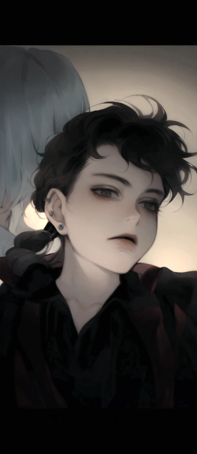 There is a woman with an ear piercing and a septum piercing and a black and red shirt, androgynous face, androgynous person, about 19 years old, androgynous male, androgynous, ela tem cerca de 20 anos, she has short curly brown hair, goth girl