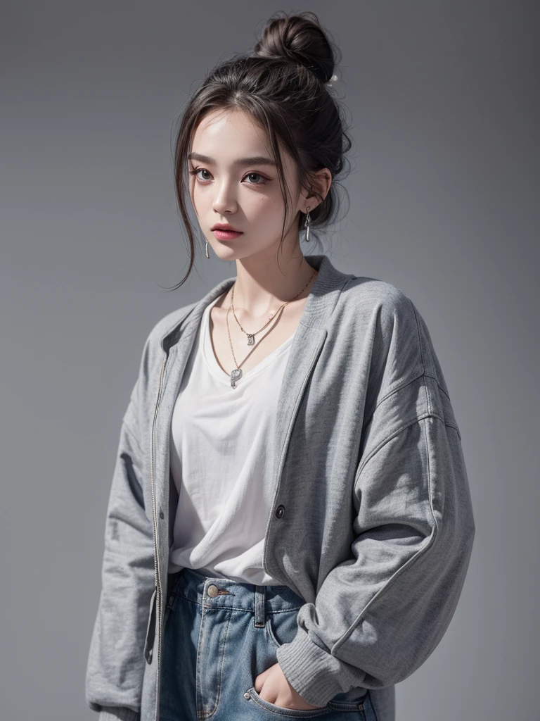 (8K, highest quality, High resolution, masterpiece :1.3), (gray background), stylish, hisense, fashion, bun hair, oversized clothes, baggy clothes, colorful, Upper body, necklace, earrings