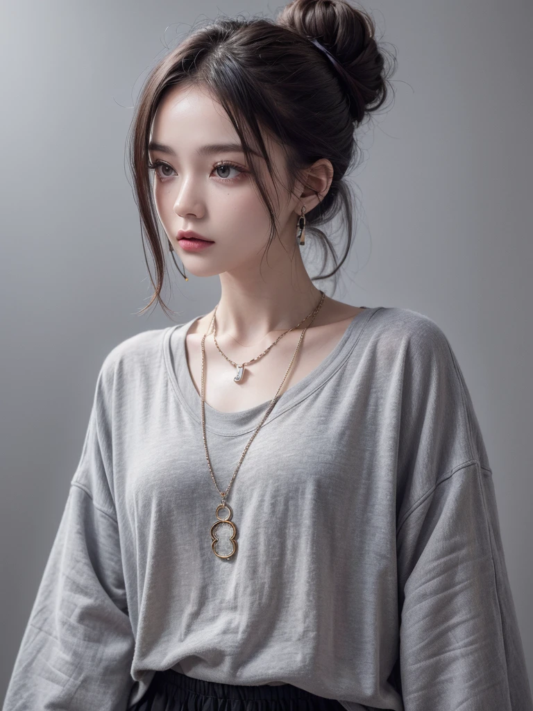 (8K, highest quality, High resolution, masterpiece :1.3), (gray background), stylish, hisense, fashion, bun hair, oversized clothes, baggy clothes, colorful, Upper body, necklace, earrings