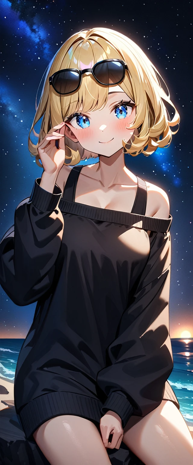 (((a starry sky, the Milky Way shining beautifully in the night))), ((bare legs)), (((sunglasses, hand to sunglasses))), (((cowboy shot))), sitting on the cliff, ((wavy hair, inward curled hair)), ((sea, beach)), ((blond hair, bob cut:1.3)), breasts, ager, (looking at viewer), oversized clothes, puffy long sleeves, ((off-shoulder sweater:1.3, Quite thick shoulder straps)), ((black sweater)), collarbone, head tilt:1.3, (((blue eyes))), ((happy smile)), (((anime style))), (best quality, 4K, 8K, highres, masterpiece:1.2, ultra-detailed, ultra-detailed eyes, HDR, uhd, studio lighting, ultra-fine painting, sharp focus, physically-based rendering, extreme detail description, professional, vivid colors, bokeh)