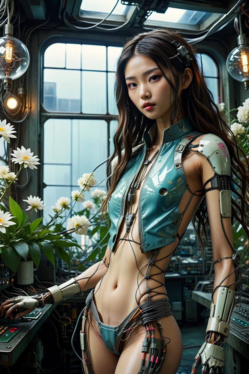 masterpiece, ultra-detailed, ((fisheye)), subtle focus, full body, dark light, night time, (( working 1mechanical asian girl)) cabling a hanging male cyborg, close up, (subtle machine made joints:1.4), ((artificial skinned mechanical limbs)), (wires and cables attaching to body:1.5), beautiful, silicon skin, flirty, sexy, dangerous, amazing, beautiful eyes, white long hair, intricate, skinned glass coating, beautiful face, detailed suit, transparent skin bomber, messy engineering room on background, wide window, (((indoor flowers))), neo, cyberpunk, wide hip, large gap, weathered textures, reflections, cinematic light, smooth tones, high quality, 4k, intricate engineering, ,"detailed skin texture, highly detailled fabrics, precise linen, precise bump textures, absurd res textures, high glossy, perfect reflection, intricate surfaces, subsurface scattering, ambiant occlusion, subtle scratchs, imperfections, soft shadow, insane detail, detailled stitches and sews, intricate leather" bokeh