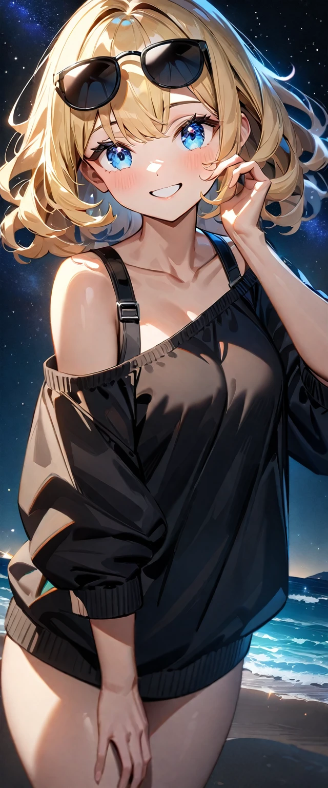 (((a beautiful starry sky, the Milky Way shining beautifully in the night))), ((bare legs)), (((sunglasses, hand to sunglasses))), (Aran sweater), ((((from side)))), upper body, ((sitting on the very high cliff)), wavy hair, inward curled hair, sea, beach, ((blond hair, bob cut:1.3)), breasts, teenager, (looking up), oversized clothes, puffy long sleeves, ((off-shoulder sweater:1.3, Quite thick shoulder straps)), ((black sweater)), collarbone, head tilt:1.3, (((blue eyes))), happy smile, (((anime style))), (best quality, 4K, 8K, highres, masterpiece:1.2, ultra-detailed, ultra-detailed eyes, HDR, uhd, studio lighting, ultra-fine painting, sharp focus, physically-based rendering, extreme detail description, professional, vivid colors, bokeh)