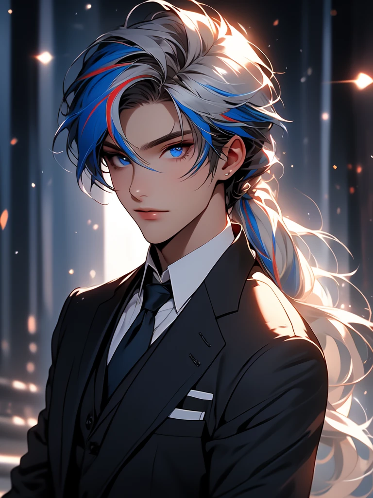 (masterpiece:1.2), (highest quality:1.2), Perfect Eyes, Perfect Face, Perfect lighting, 1 woman, lady, make-up, gray and ((streaked hair)), highlights hair, low ponytail, formal suit, blue eyes, ikemen, cool, goth, gorgeous, crossdressing, cowboy shot, clear eyes,