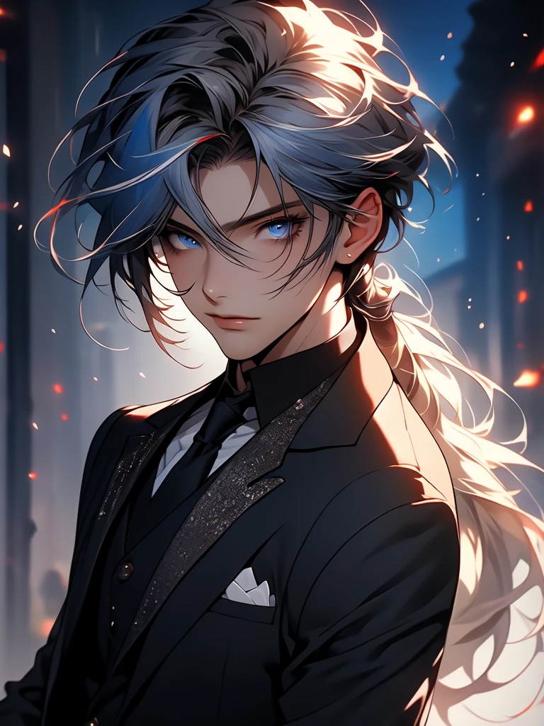 (masterpiece:1.2), (highest quality:1.2), Perfect Eyes, Perfect Face, Perfect lighting, 1 woman, lady, make-up, gray and ((streaked hair)), highlights hair, low ponytail, formal suit, blue eyes, ikemen, cool, goth, gorgeous, crossdressing, cowboy shot, clear eyes,