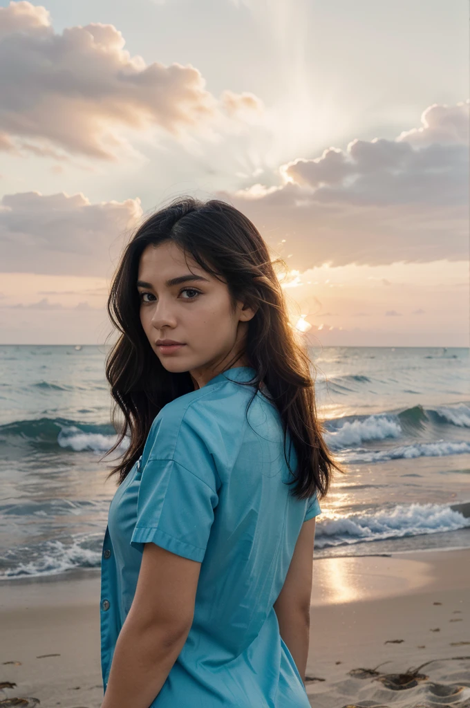 8k, highest quality, ultra details, hispanic A photorealistic image showcases a hispanic girl with a serene expression, her wavy black hair cascading down her back. She stands on An operating room. The girl wears A medical uniform.The camera captures her from a distance, allowing the viewer to appreciate the vastness of the beach and the vibrant colors of the sunset. Perfectly framing the girl against the stunning natural backdrop. The lighting  soft and warm, casting a golden glow on the scene. This image captures the tranquility and beauty of the girl's connection to nature.