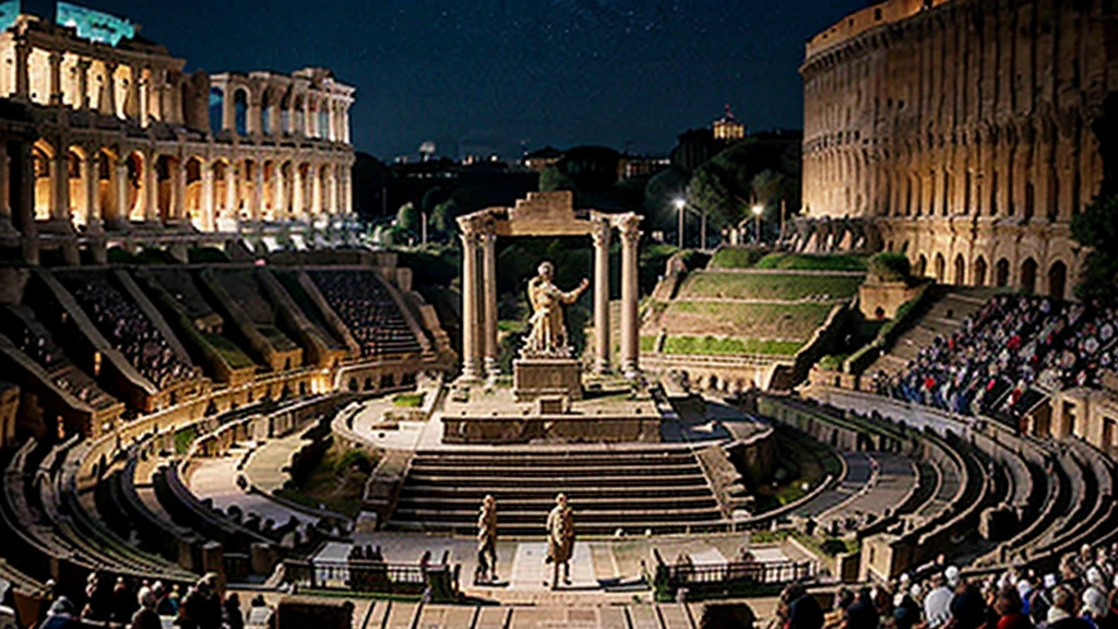 An ancient Roman forum bustling with activity, depicting Julius Caesar delivering a powerful speech to a crowd, with senators and soldiers in attendance.