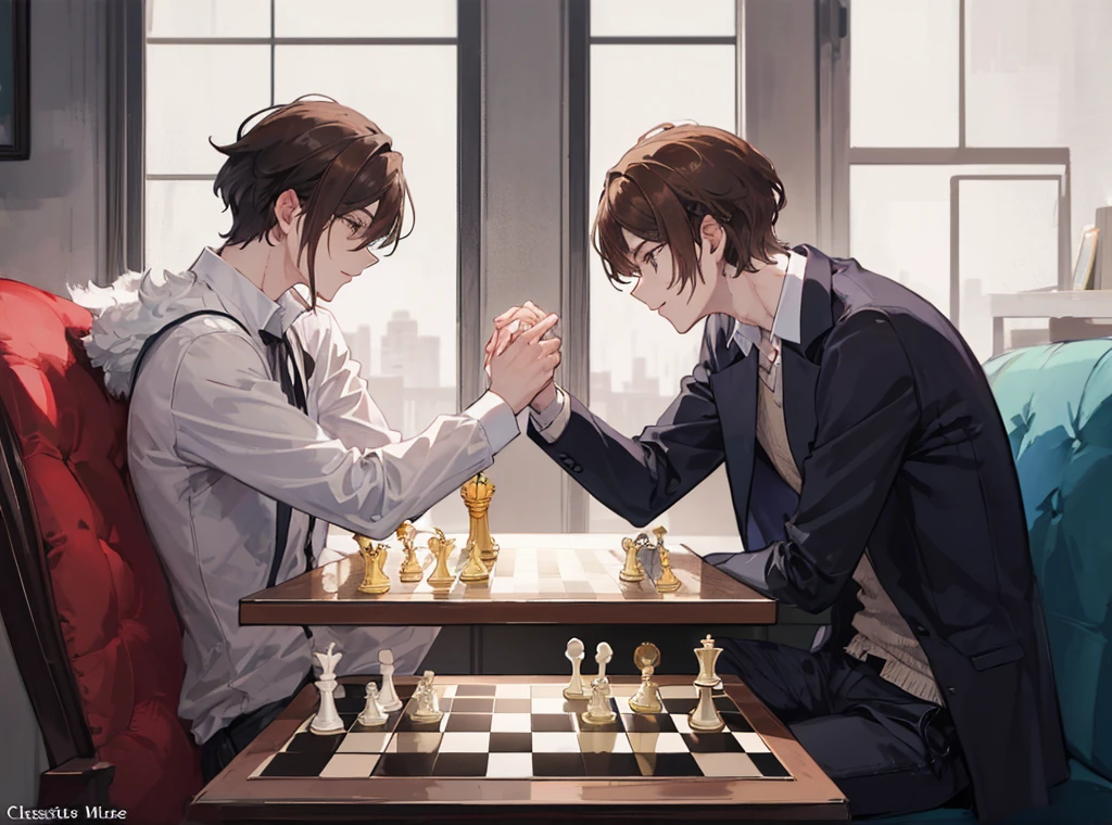 Two men(A smart man with brown hair) From the side, sitting across chessboard, (Facing each other), , (Masterpiece Top quality:1.2) Delicate illustrations