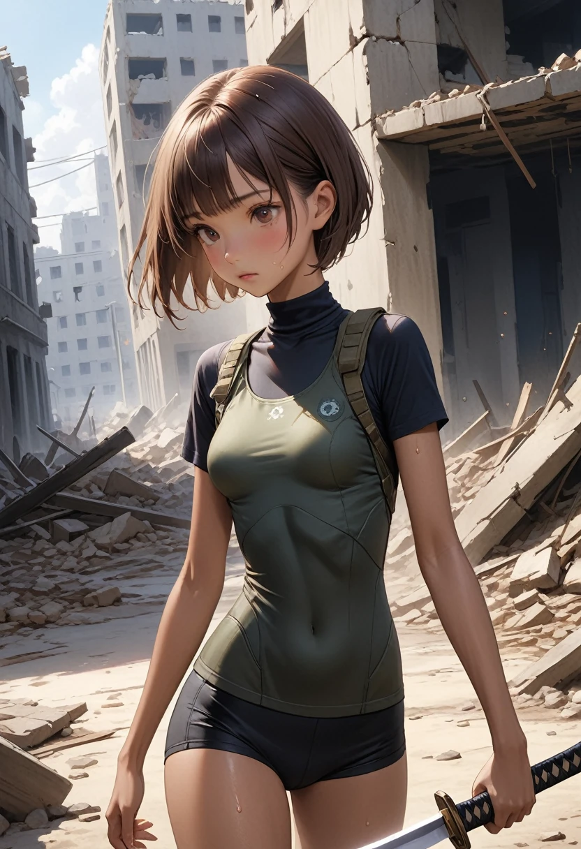 (masterpiece,Highest quality:1.3,best quality illustration,realistic),cowboy shot,1woman,30 year old Japanese beauty,Special Forces Female Soldier、((very small head:1.2)),brown short bob hair,bangs,brown eyes,gorgeous eyes,blush,small breasts,((very long body:1.2)),((toned body,slender body,skinny,tan skin)),(Black turtleneck、Short sleeve、Black tactical vest、Black shorts),gleaming skin,shiny skin,sweat,standing,Simple bed、Simple bedroom、Collapsed building、ruins、at night、