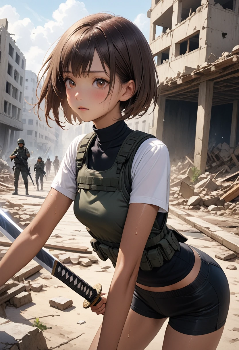 ((masterpiece,Highest quality:1.3,best quality illustration)),realistic,cowboy shot,1woman,25 year old Japanese beauty,Special Forces Female Soldier、((very small head:1.2)),brown short bob hair,bangs,brown eyes,gorgeous eyes,blush,small breasts,((very long body:1.2)),((toned body,slender body,skinny,tan skin)),(Black turtleneck、Short sleeve、Black tactical vest、Black shorts、Holding an accurately depicted Japanese sword),gleaming skin,shiny skin,sweat,standing,war、Collapsed building、ruins、