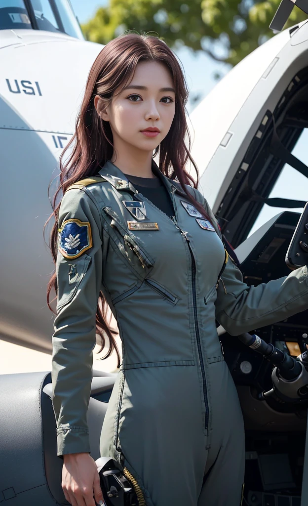 (best quality, 8K, 32k, masterpiece, Ultra HD:1.2), (Practical:1.5), (masterpiece, Extremely detailed CG unity 8K wallpaper, best quality, high resolution:1.2), (Extremely detailed, Ultra HD:1.2), Photo of extremely cute and beautiful Japanese Miss, (Maroon with long wavy hair:1.2), aldult, (Beautiful Korean girl:1.4), best quality,high resolution, Miss, aldult, (U.S. Air Force pilot details:1.5), (Military green pilot suit:1.3),Detailed clothes, (Military helicopters parked at the US Air Force base,Complex and advanced helicopter cockpit background:1.3), 1, A faint smile, Looking at the audience, For the audience, ((Perfect female body)), (Willow Waist:1.2), (Upper body pictures:1.3), slim, Abdominal muscles, (Big breasts:1.25), ((Frame the head)), wind, Dynamic poses, light, Backlight, Perfect anatomical structure, Perfect proportion, Detailed human body, Bokeh, Depth of Field,