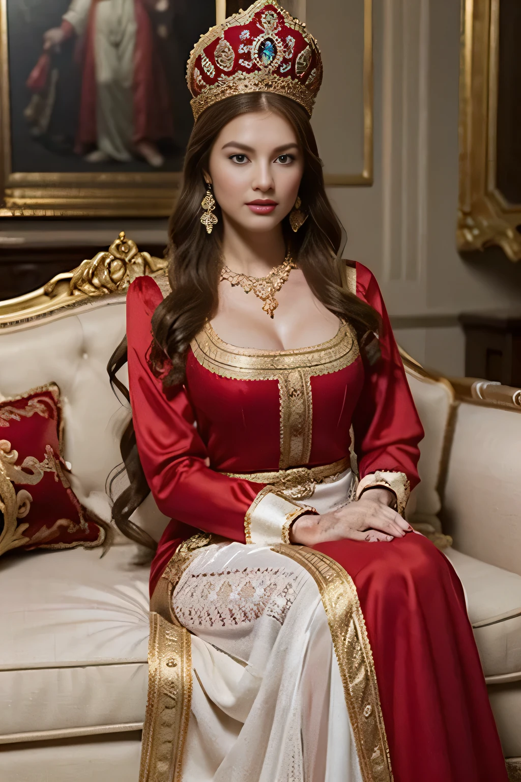 Daughter of a Russian noblewoman during the reign of Catherine II, (Russian noble costume, Red Formal long dress, gorgeous noble dress, white Elbow grove: 1.3), in palace, Front view , looking at viewer,  Russian girl, 18 age old, (Blond hair, middle hair ,  wince, Gray eyes, beautiful lip,  serious),  gold crescent earrings, gold neckless, (big breasts, slender whist, wide hip, real public hair, corrected pussy and anal) ,  textured skin , HI detailed skin, (foreshortening, Canon, anatomically correct,  super detail, high details, highness, 