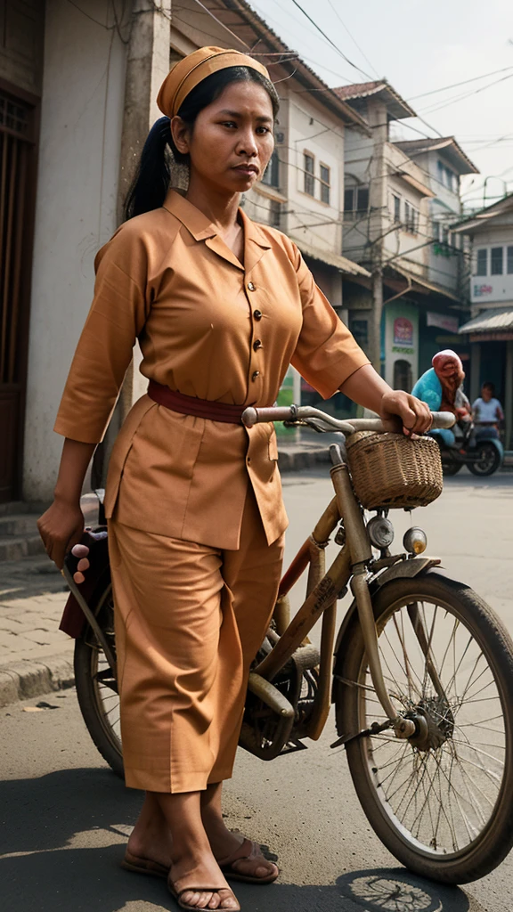 Illustrate a becak driver in Yogyakarta, wearing a traditional work uniform, waiting for passengers on a busy street with traditional buildings in the background
