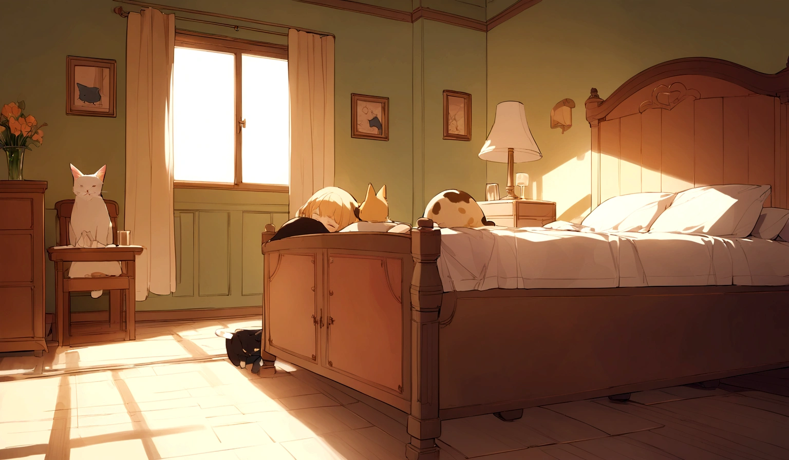 Cats and children、sleep、Bed in the room、