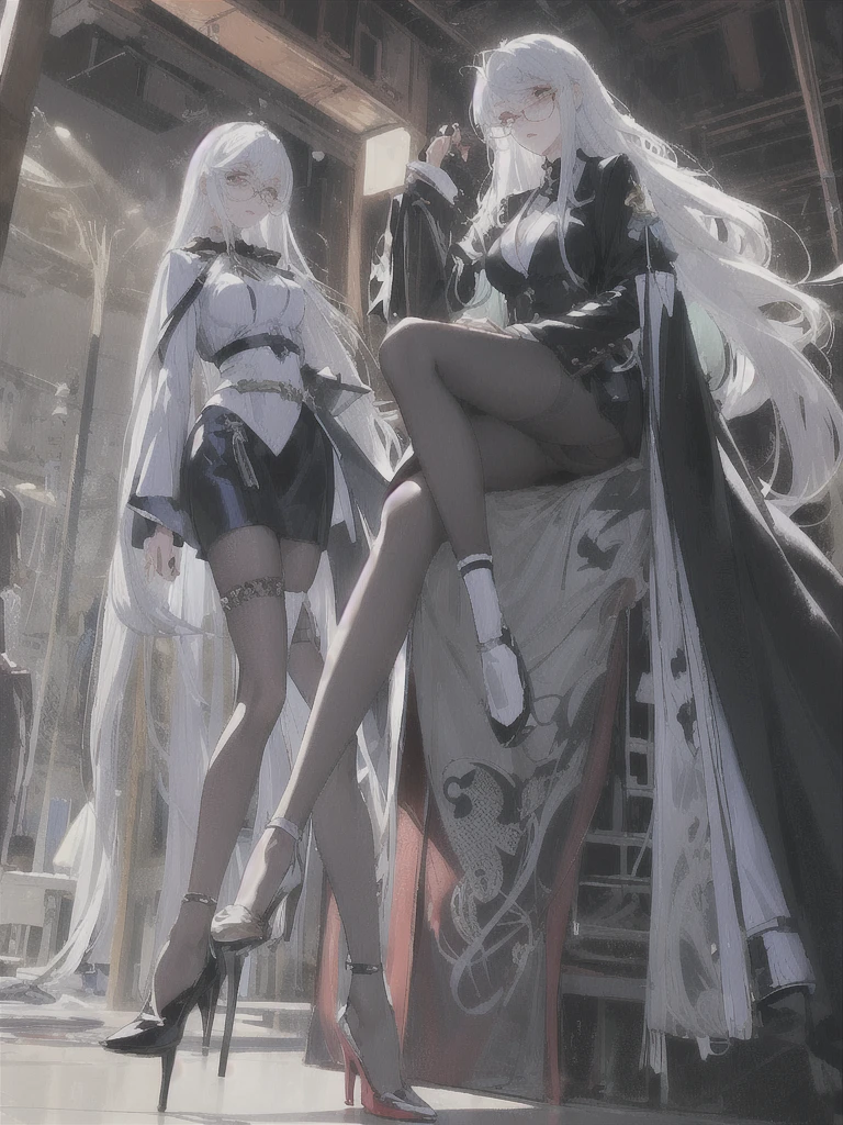 Domineering female president,Slim,White hair,长White hair,in office,full-body shot,Black pantyhose,High heel,wear glasses,Long Law,High target,Wearing a black suit,Short skirt