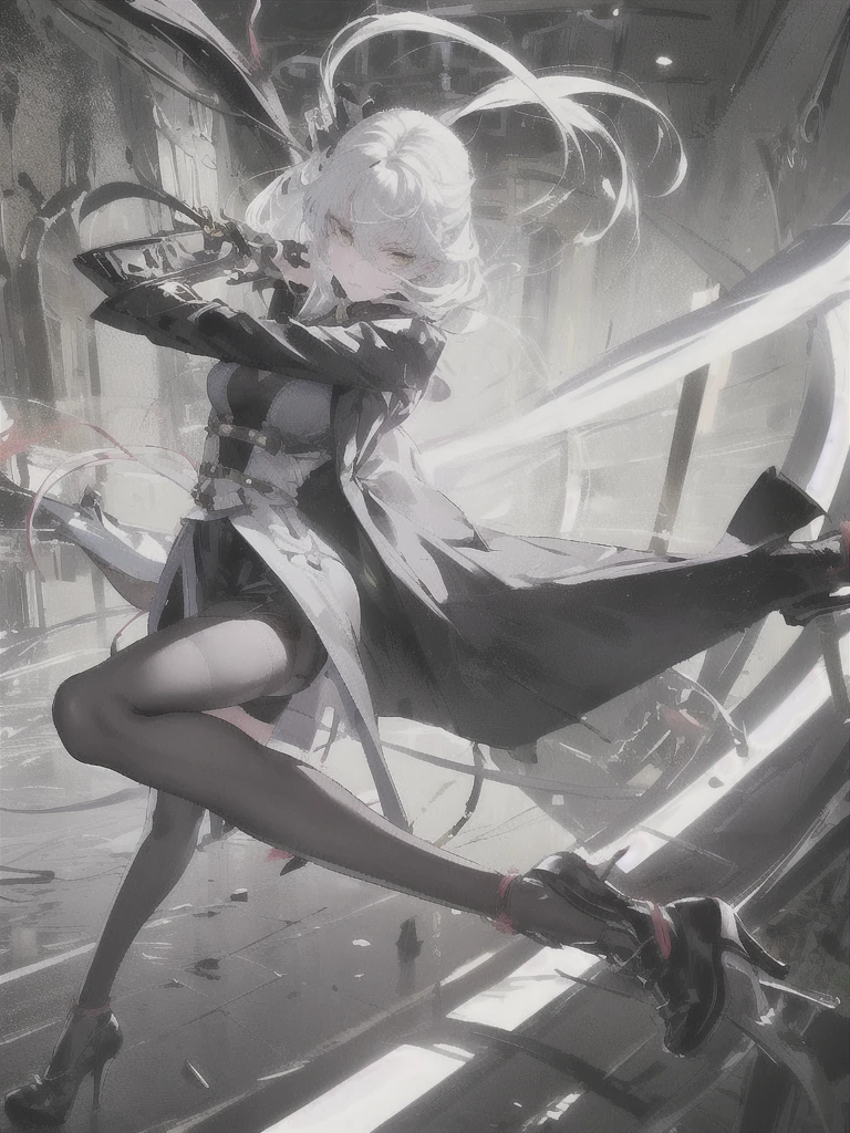 Domineering female president,Slim,White hair,长White hair,in office,full-body shot,Black pantyhose,High heel,wear glasses,Long Law,High target,Wearing a black suit,Short skirt