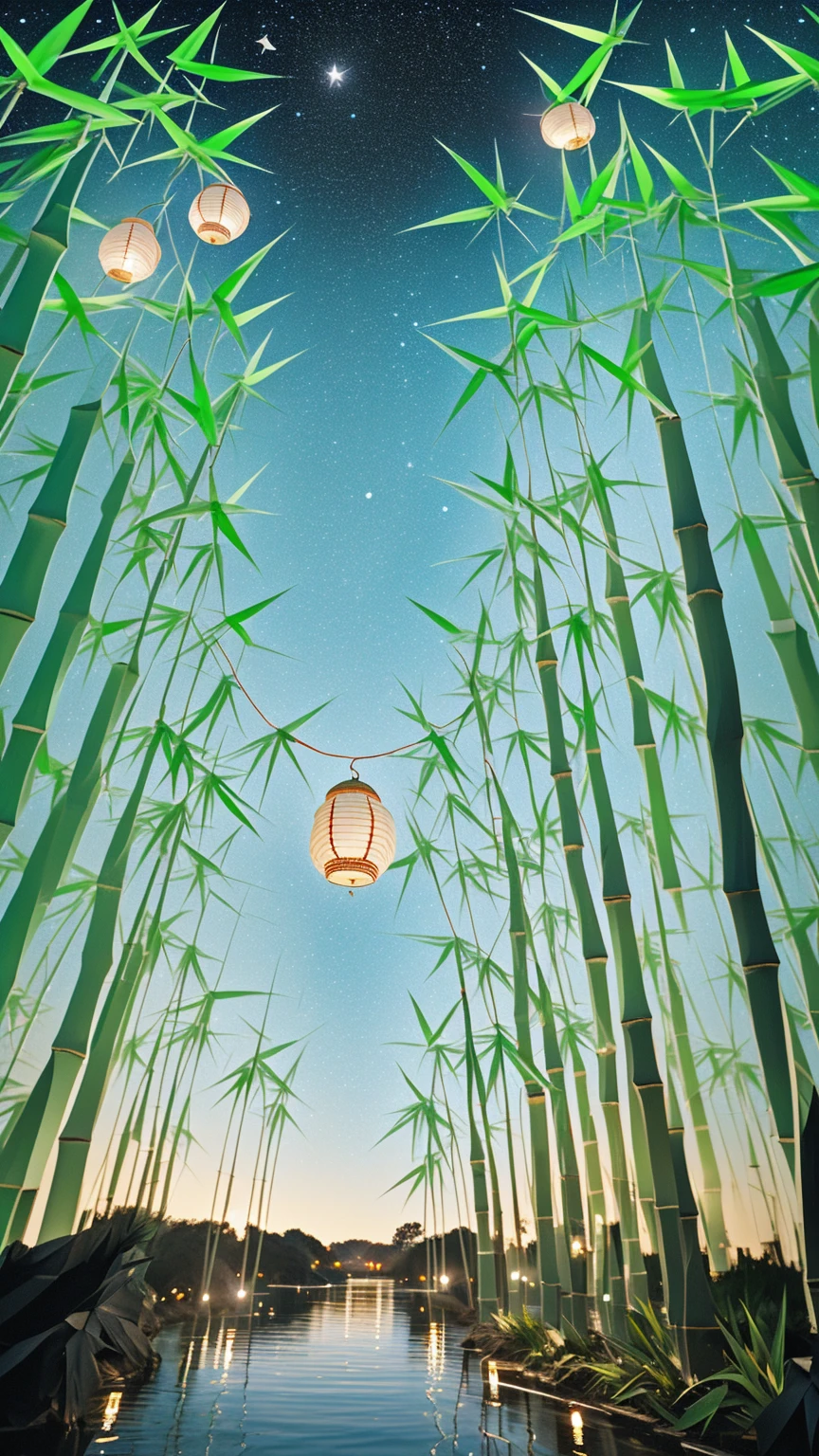 Many origami pieces are hanging from the bamboo trees., quiet night. Digital Illustration, evening Lantern, colorful Lantern, glowing paper Lantern, colorful paper Lantern, Lantern, hanging Lantern, summer night, kongming Lantern in the sky, Summer Festival Night, Magic fairy background, Magic Background, Moonlit Starry Sky Environment, glowing Lantern, Magical Scene, Night setting, Hanging paper strips and a thousand paper cranes on bamboo leaves, A magical night, Many thousand paper cranes are hanging from the bamboo, 