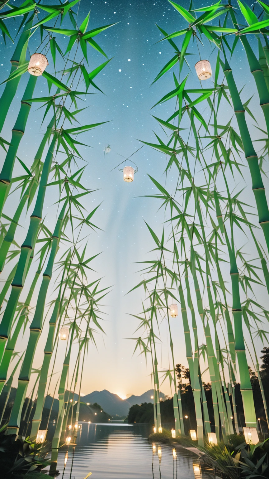 Many origami pieces are hanging from the bamboo trees., quiet night. Digital Illustration, evening Lantern, colorful Lantern, glowing paper Lantern, colorful paper Lantern, Lantern, hanging Lantern, summer night, kongming Lantern in the sky, Summer Festival Night, Magic fairy background, Magic Background, Moonlit Starry Sky Environment, glowing Lantern, Magical Scene, Night setting, Hanging paper strips and a thousand paper cranes on bamboo leaves, A magical night, Many thousand paper cranes are hanging from the bamboo, 