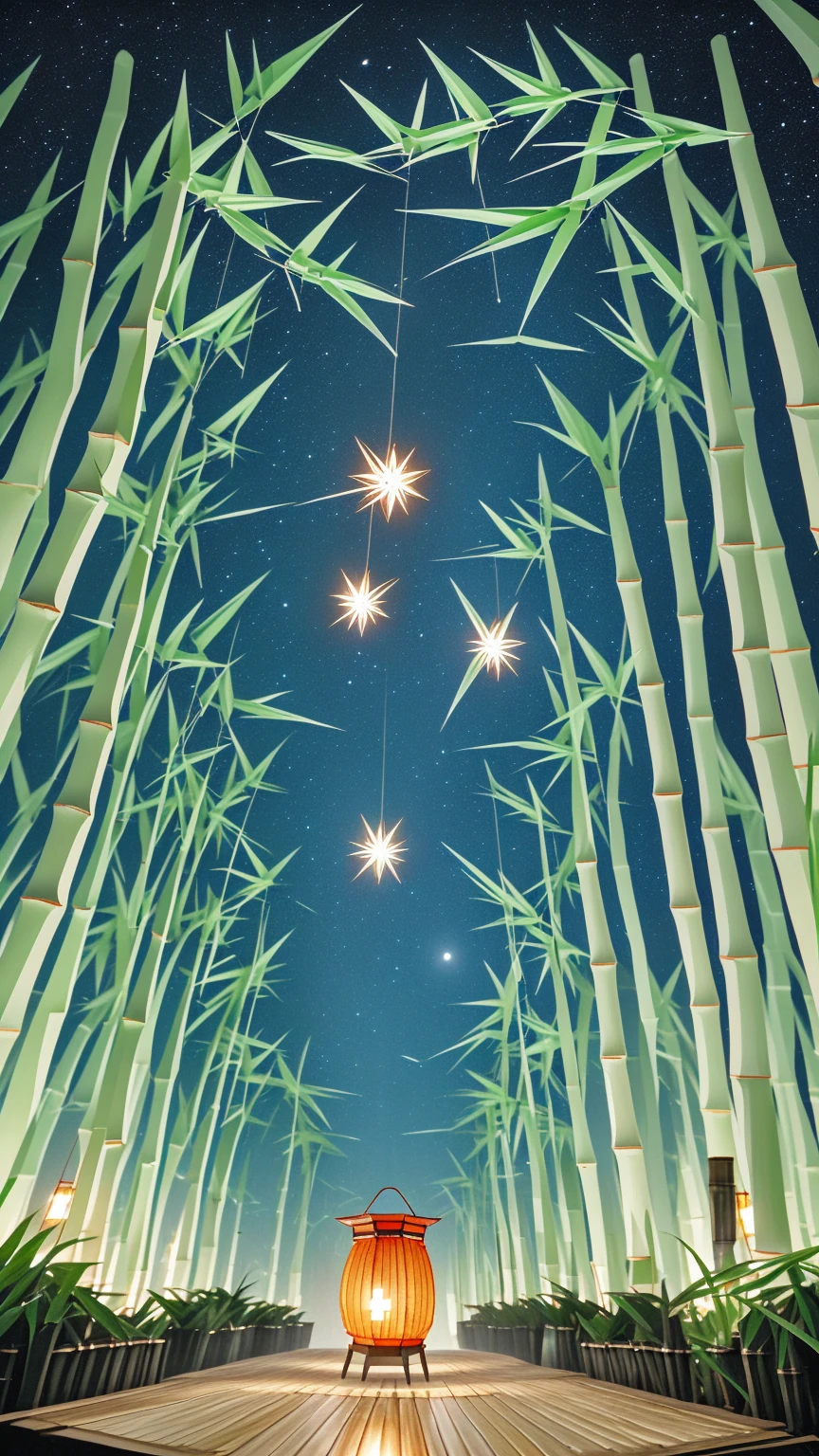 Many origami pieces are hanging from the bamboo trees., quiet night. Digital Illustration, evening Lantern, colorful Lantern, glowing paper Lantern, colorful paper Lantern, Lantern, hanging Lantern, summer night, kongming Lantern in the sky, Summer Festival Night, Magic fairy background, Magic Background, Moonlit Starry Sky Environment, glowing Lantern, Magical Scene, Night setting, Hanging paper strips and a thousand paper cranes on bamboo leaves, A magical night, Many thousand paper cranes are hanging from the bamboo, 