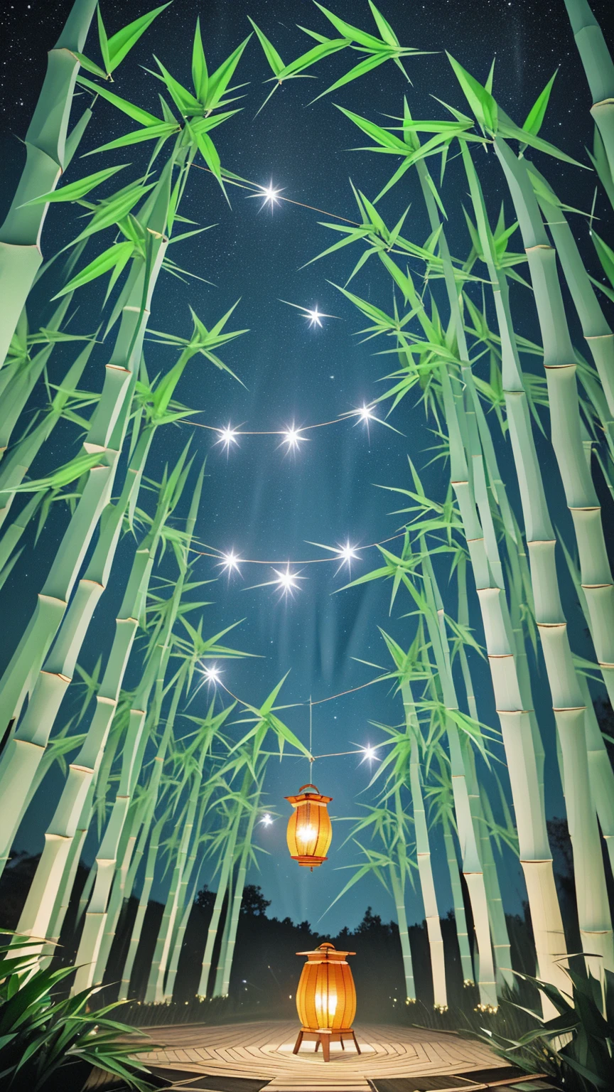 Many origami pieces are hanging from the bamboo trees., quiet night. Digital Illustration, evening Lantern, colorful Lantern, glowing paper Lantern, colorful paper Lantern, Lantern, hanging Lantern, summer night, kongming Lantern in the sky, Summer Festival Night, Magic fairy background, Magic Background, Moonlit Starry Sky Environment, glowing Lantern, Magical Scene, Night setting, Hanging paper strips and a thousand paper cranes on bamboo leaves, A magical night, Many thousand paper cranes are hanging from the bamboo, 