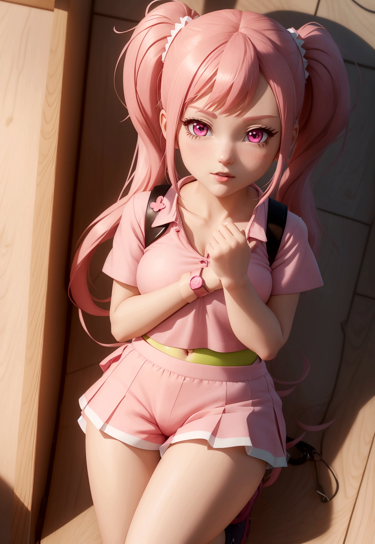 a close up of a cartoon girl with a pink shirt and pink shorts, anime styled 3d, anime vtuber full body model, live2d virtual youtuber model, render of a cute 3d anime girl, 3d anime girl, realistic anime 3 d style, magical school student uniform, anime stylized, young anime girl, upper body 2d game avatar 