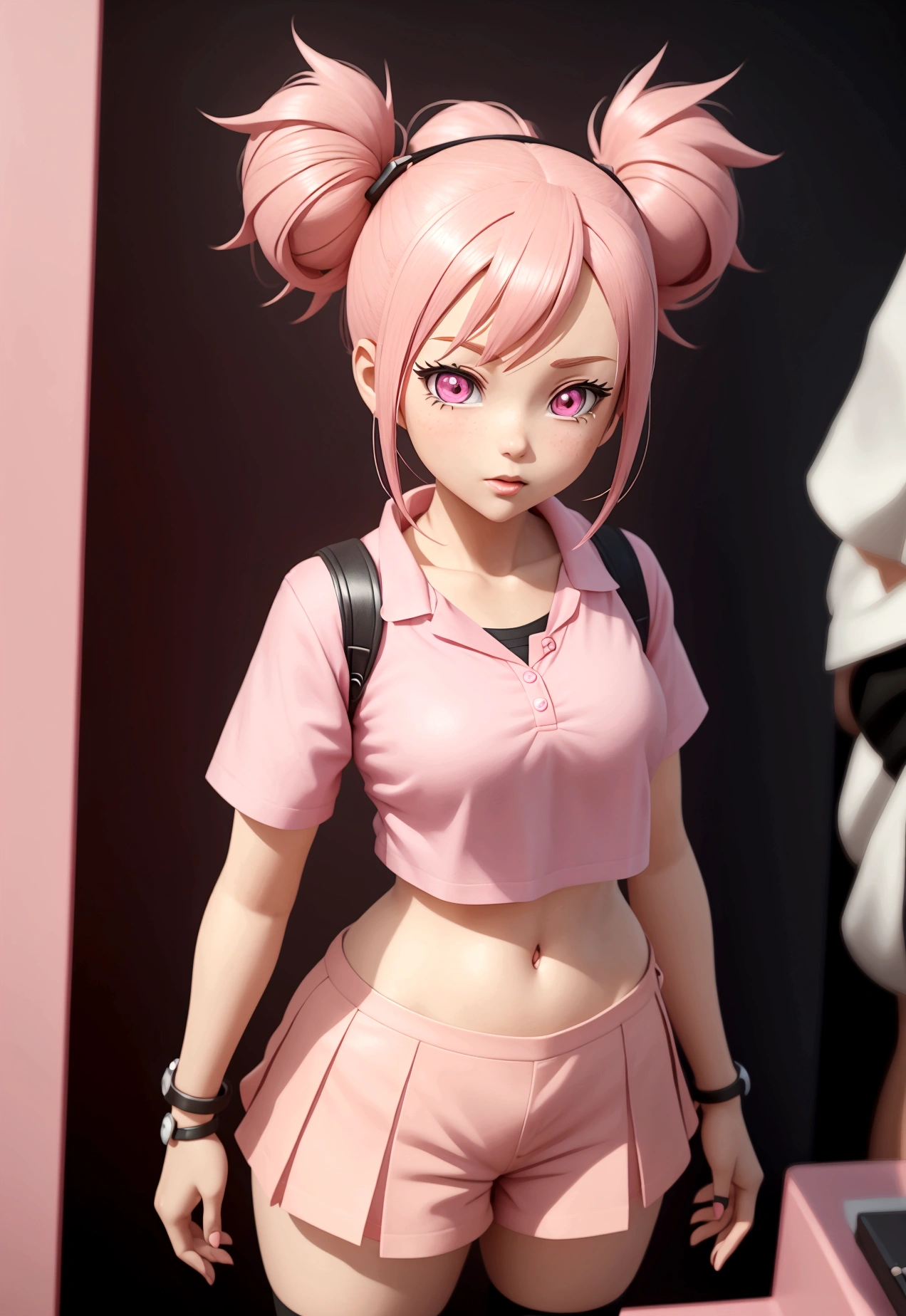 a close up of a cartoon girl with a pink shirt and pink shorts, anime styled 3d, anime vtuber full body model, live2d virtual youtuber model, render of a cute 3d anime girl, 3d anime girl, realistic anime 3 d style, magical school student uniform, anime stylized, young anime girl, upper body 2d game avatar