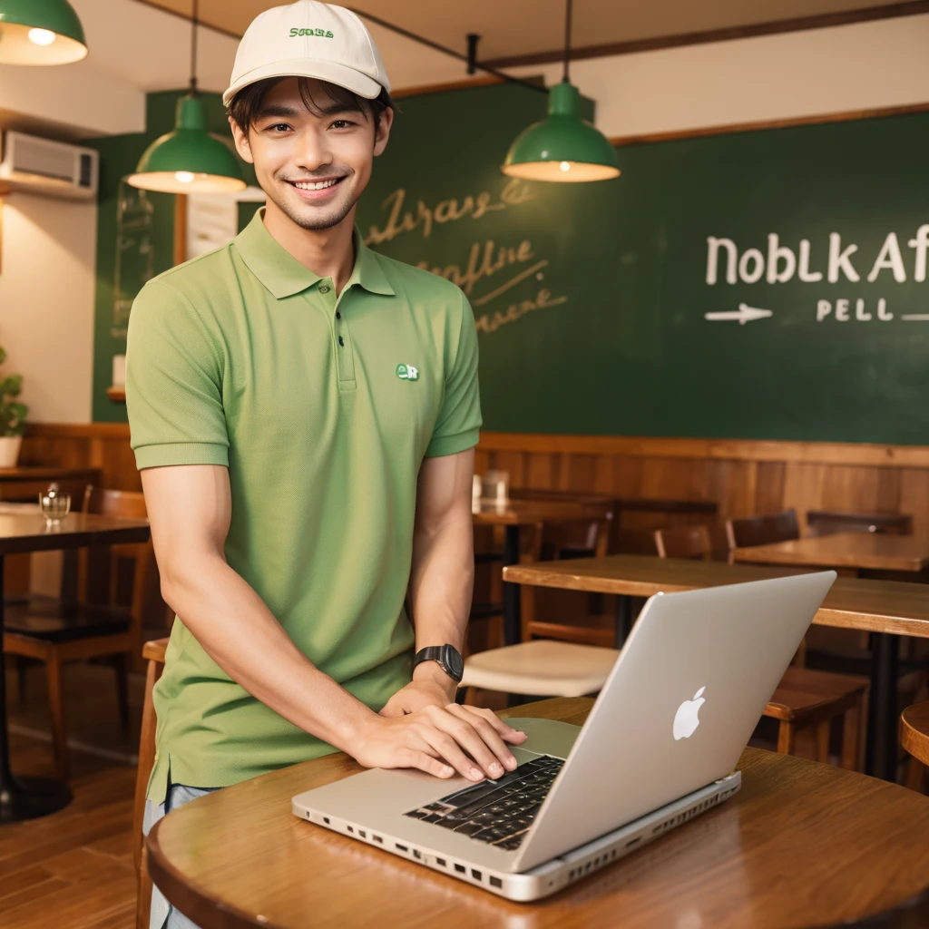 a man at a cozy cafe working, Apple laptop on cafe tabble, smile to camera, wearing hat, green polo shirt