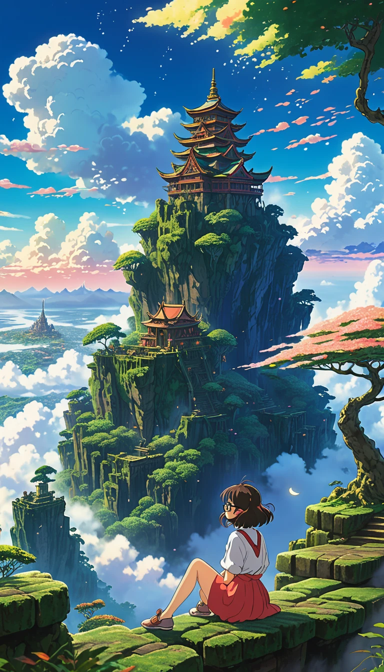 Estilo anime de Shin-Umi Mokoto y Ghibli, from behind,Over the clouds,Sitting on the mossy stage、A girl dressed in adventure looking at a magnificent lost city and the giant world tree next to it., lost city Over the clouds and towering sky, Magic glowing particles, Vibrant dreamy colorful sky with fluffy clouds, book, Apple, glasses, calm,petal,hair blowing in the wind,they are

