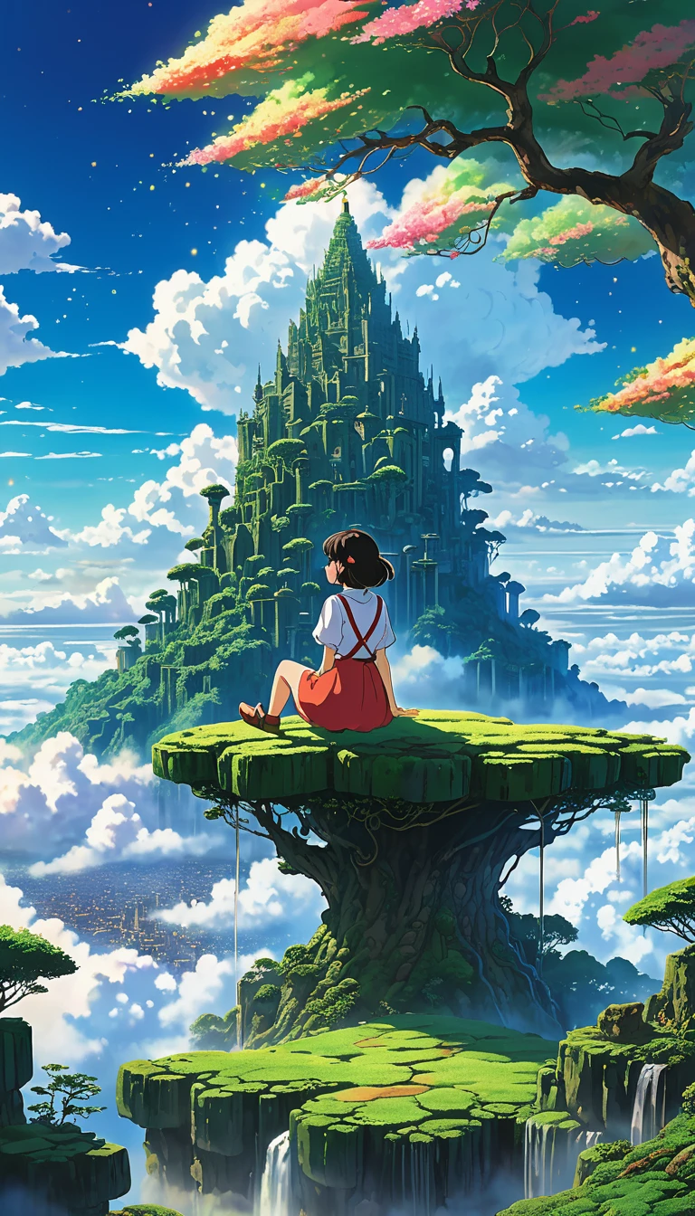 Estilo anime de Shin-Umi Mokoto y Ghibli, from behind,Over the clouds,Sitting on the mossy stage、A girl dressed in adventure looking at a magnificent lost city and the giant world tree next to it., lost city Over the clouds and towering sky, Magic glowing particles, Vibrant dreamy colorful sky with fluffy clouds, book, Apple, glasses, calm,petal,hair blowing in the wind,they are