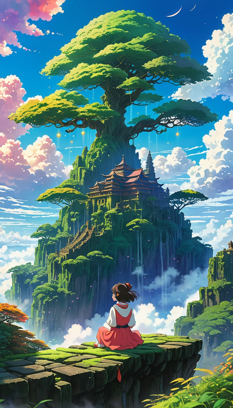 Estilo anime de Shin-Umi Mokoto y Ghibli, from behind,Over the clouds,Sitting on the mossy stage、A girl dressed in adventure looking at a magnificent lost city and the giant world tree next to it., lost city Over the clouds and towering sky, Magic glowing particles, Vibrant dreamy colorful sky with fluffy clouds, book, Apple, glasses, calm,petal,hair blowing in the wind,they are
