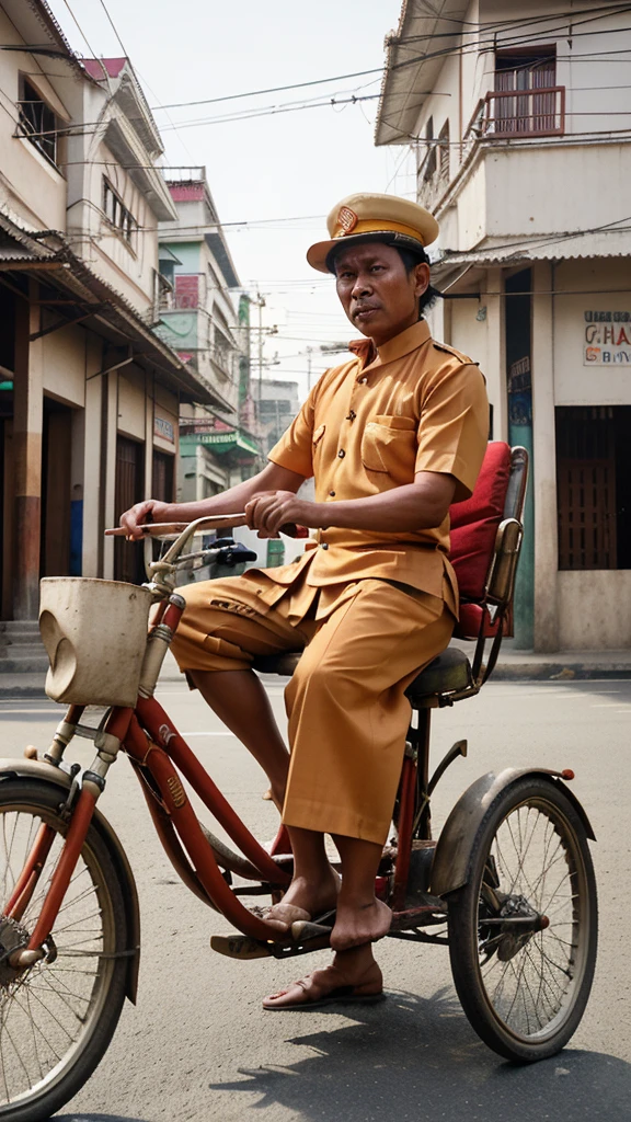 Illustrate a becak driver in Yogyakarta, wearing a traditional work uniform, waiting for passengers on a busy street with traditional buildings in the background