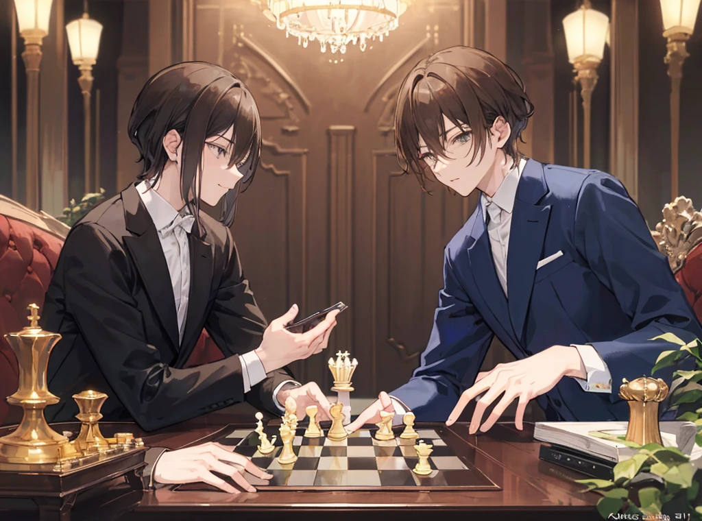 Two men(A smart man and a brown-haired man） From the side, sitting across chessboard, (Facing each other),  , (Masterpiece Top quality:1.2) Delicate illustrations