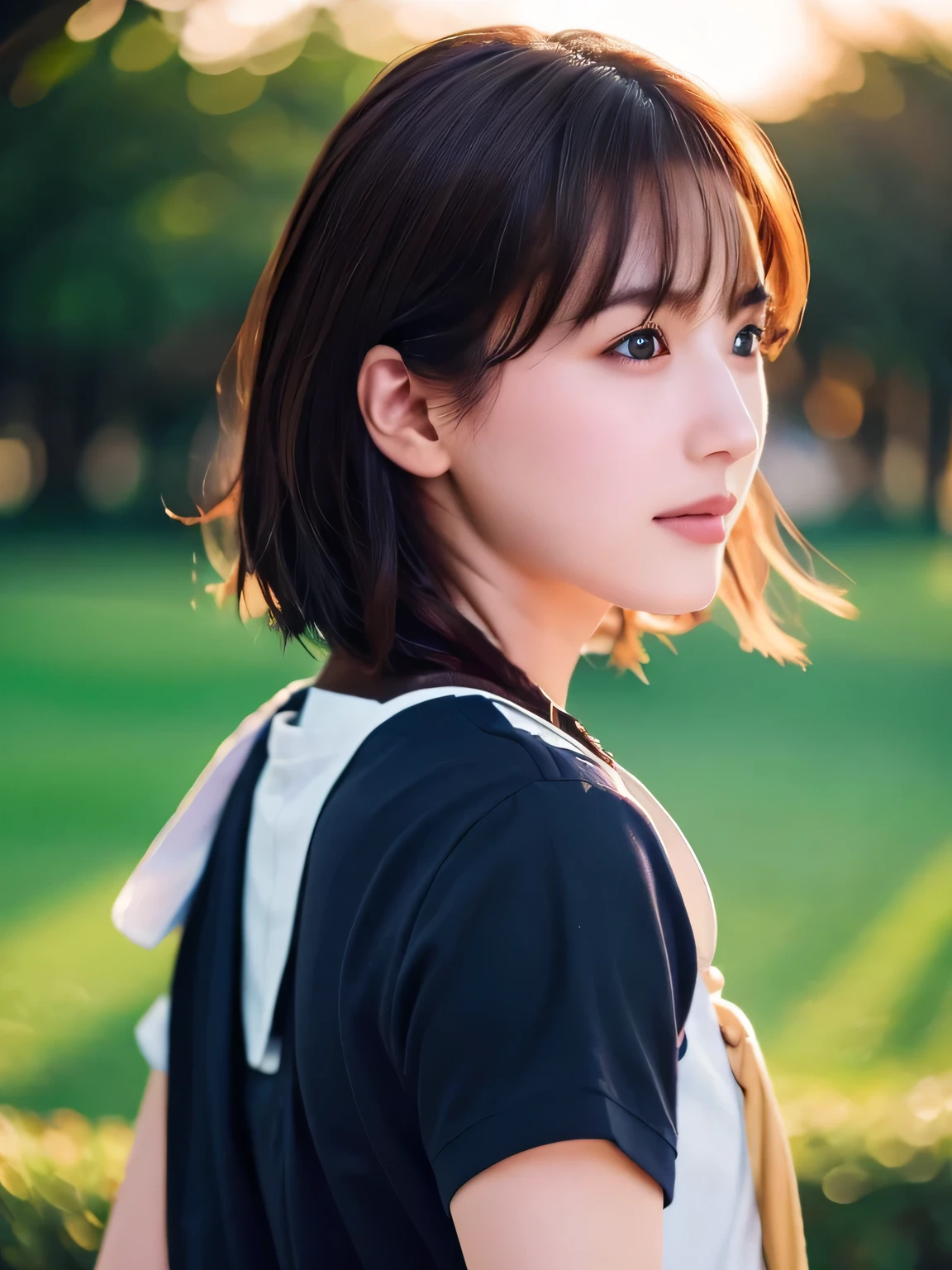 ((masterpiece, Highest quality, High resolution)), (look back:1.3), 1 girl, (Realistic: 1.4), Great face, , Medium Hair, (Beautiful Hair:1.5), Sailor suit, The background is a school building, Side angle, Smooth, Highly detailed CG composite 8K wallpaper, High resolution RAW color photos, Professional photography, Light, BackLight, dream-like, impressive, Written boundary depth