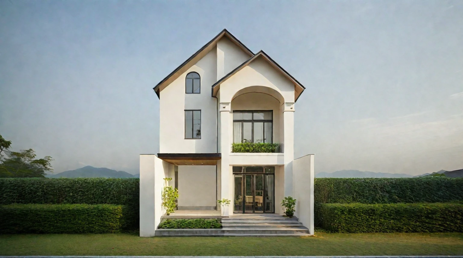 A high-resolution, horizontally framed shot of a minimalist Muji style three-story house exterior. The facade features a combination of water-painted walls, natural wood, and decorative stone elements, creating a harmonious and serene appearance. Large windows allow ample natural light to flood the interior spaces. The design emphasizes simplicity and functionality, with clean lines and a neutral color palette. The house is situated on a quiet street with cars parked in front, and potted plants and greenery enhance the natural aesthetic.
((8k)), high quality detail, soft lighting, minimalist design, neutral color palette, natural materials, clean lines, serene and inviting, modern Japanese aesthetic, flat ceiling, recessed downlights.