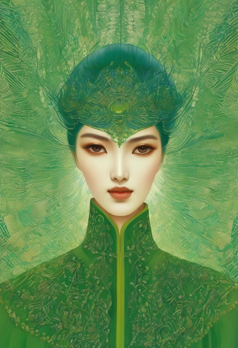 (masterpiece, best quality:1.2), Elegant girl, Striking pose, Exquisite detail features, Sharp eyes, Hooked nose, Sexy lips, Gorgeous clothing, Symmetrical composition, light, Dramatic chiaroscuro, Rich color palette, High contrast, The art of math, Reality,Xianxia,Anatomically correct:2,green,blue