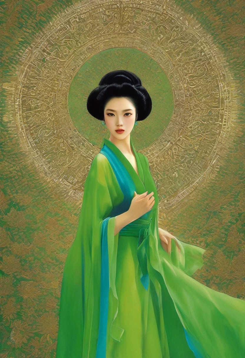 (masterpiece, best quality:1.2), Elegant girl, Striking pose, Exquisite detail features, Sharp eyes, Hooked nose, Sexy lips, Gorgeous clothing, Symmetrical composition, light, Dramatic chiaroscuro, Rich color palette, High contrast, The art of math, Reality,Xianxia,Anatomically correct:2,green,blue