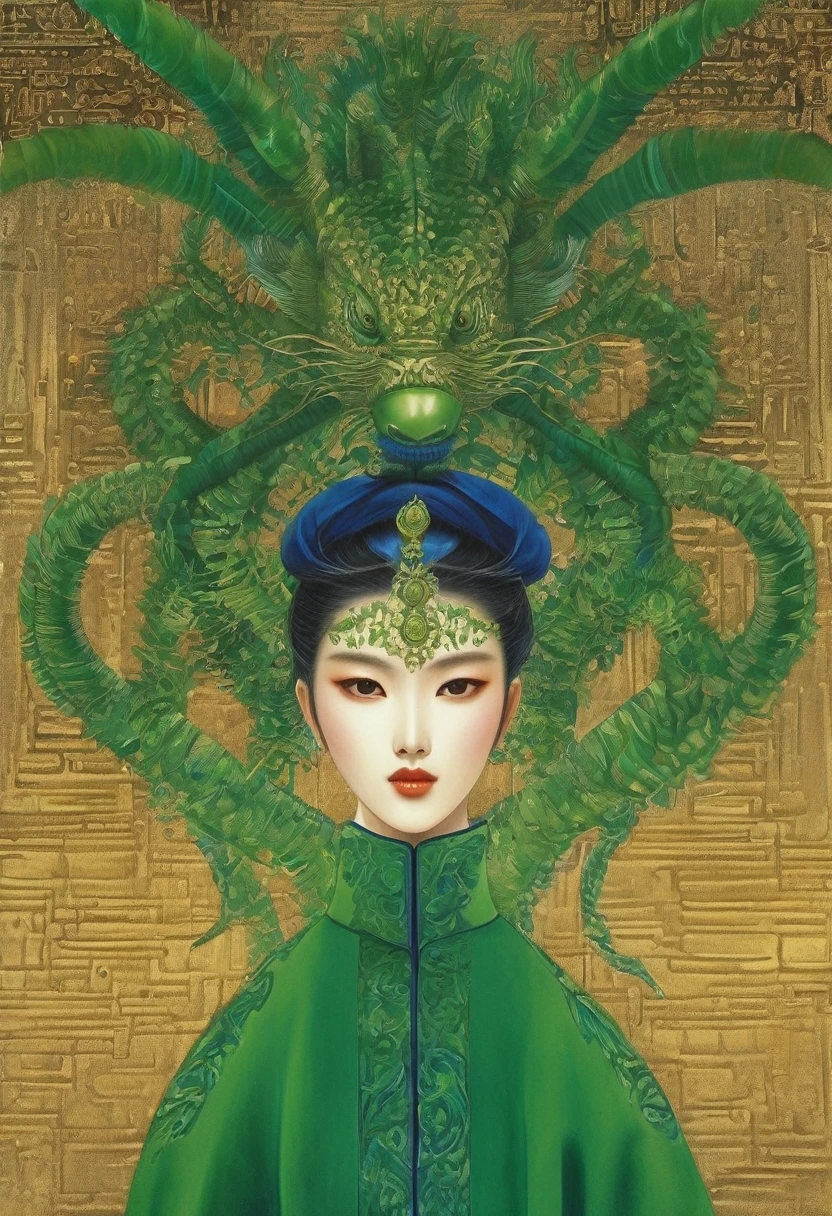 (masterpiece, best quality:1.2), Elegant girl, Striking pose, Exquisite detail features, Sharp eyes, Hooked nose, Sexy lips, Gorgeous clothing, Symmetrical composition, light, Dramatic chiaroscuro, Rich color palette, High contrast, The art of math, Reality，Xianxia，Anatomically correct:2，green，blue