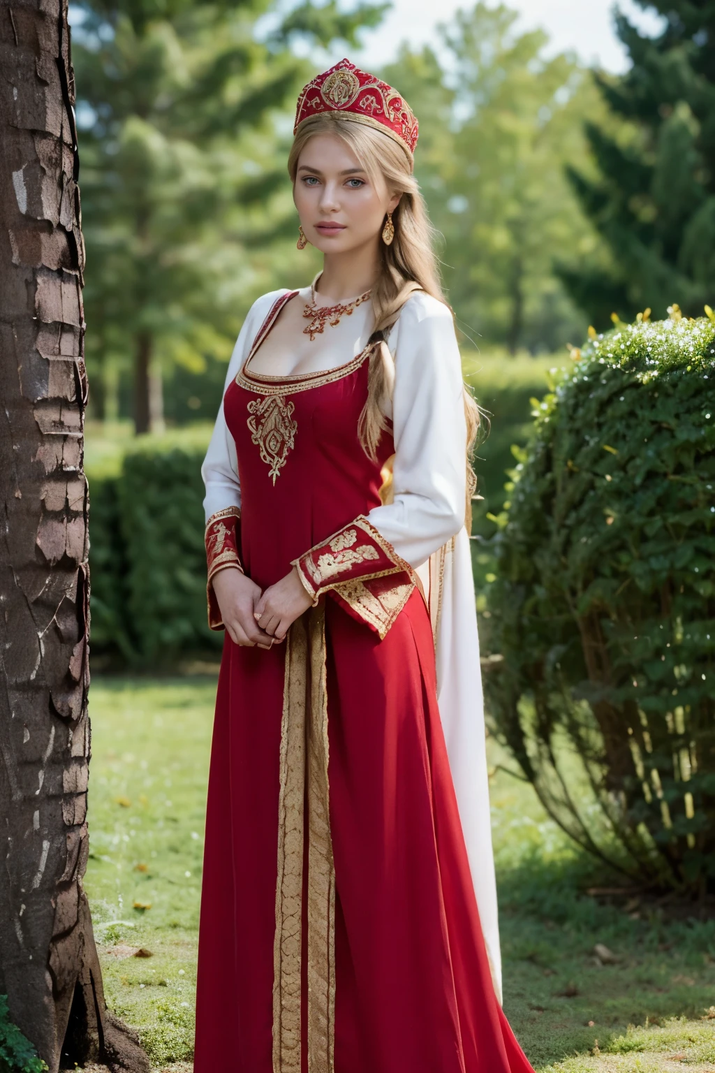 Daughter of a Russian noblewoman during the reign of Catherine II, (Russian noble costume, Red Formal long dress, gorgeous noble dress, white Elbow grove: 1.3), in palace, Front view , looking at viewer,  Russian girl, 18 age old, (Blond hair, middle hair ,  wince, Gray eyes, beautiful lip,  serious),  gold crescent earrings, gold neckless, (big breasts, slender whist, wide hip, real public hair, corrected pussy and anal) ,  textured skin , HI detailed skin, (foreshortening, Canon, anatomically correct,  super detail, high details, highness, 