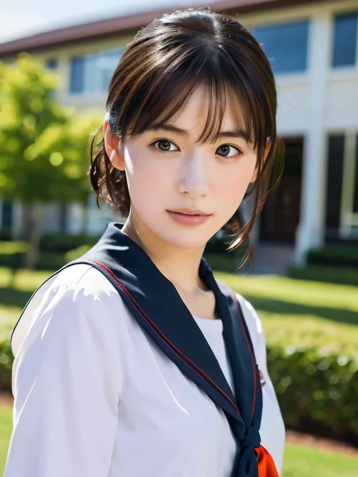 ((masterpiece, Highest quality, High resolution)), (look back:1.3), 1 girl, (Realistic: 1.4), Great face, 15 years old, Medium Hair, (Beautiful Hair:1.5), Sailor suit, The background is a school building, Side angle, Smooth, Highly detailed CG composite 8K wallpaper, High resolution RAW color photos, Professional photography, Light, BackLight, dream-like, impressive, Written boundary depth