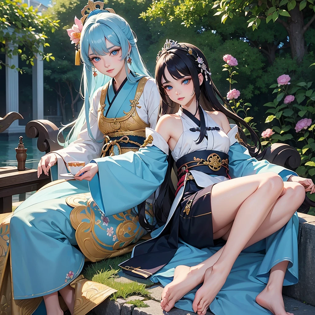 Anime girl sitting on a garden chair，Whole body，Exhibition barefoot，There were flowers and a teapot, palace ， Girl wearing Hanfu, author：Yang J, g liulian art style, Guviz-style artwork, ((Beautiful fantasy queen)), Onmyoji detailed art, Beautiful character painting,, 8k high quality detailed art, like, heise jinyao，Exquisite and perfect facial features，Beautiful and delicate eyes，Long eyelashes，Delicate eyeliner，Almond eyes，blue eyes，dark pupils，There are bright spots in the eyes，Beautiful lip details，8K HD slices are correct，Oil painting thick painting style，Full body picture，