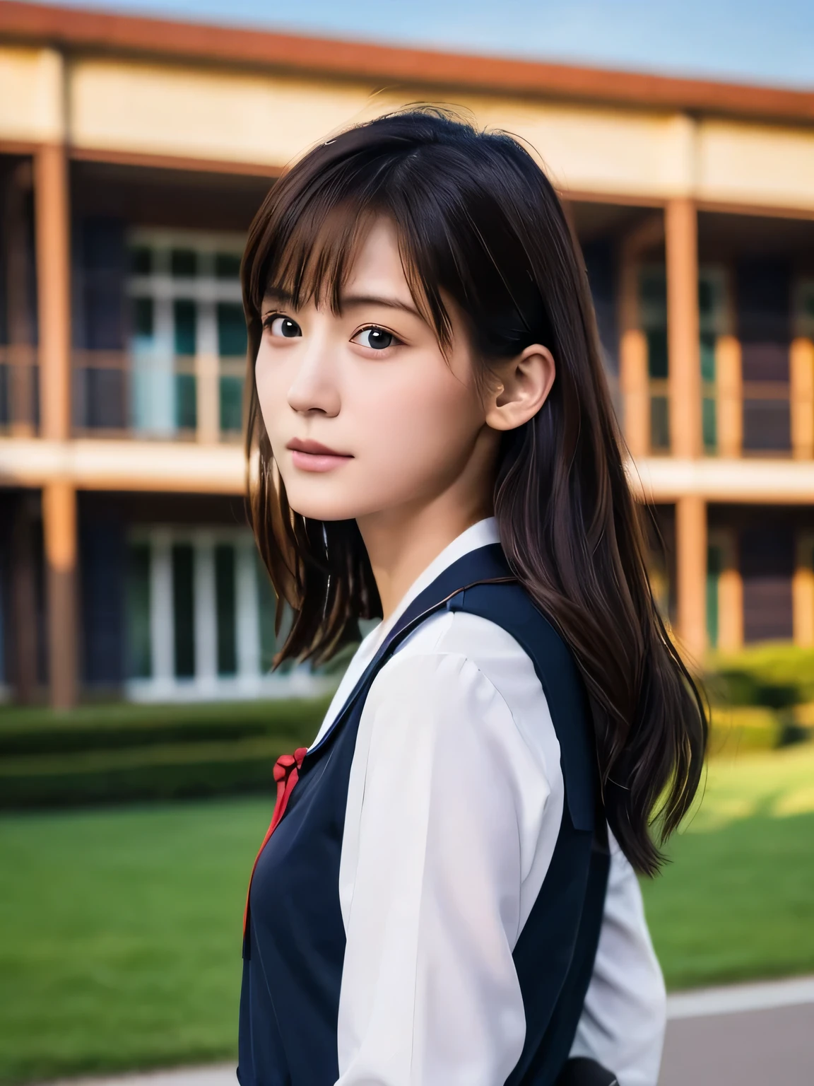 ((masterpiece, Highest quality, High resolution)), (look back:1.3), 1 girl, (Realistic: 1.4), Great face, 15 years old, Medium Hair, (Beautiful Hair:1.5), Sailor suit, The background is a school building, Side angle, Smooth, Highly detailed CG composite 8K wallpaper, High resolution RAW color photos, Professional photography, Light, BackLight, dream-like, impressive, Written boundary depth
