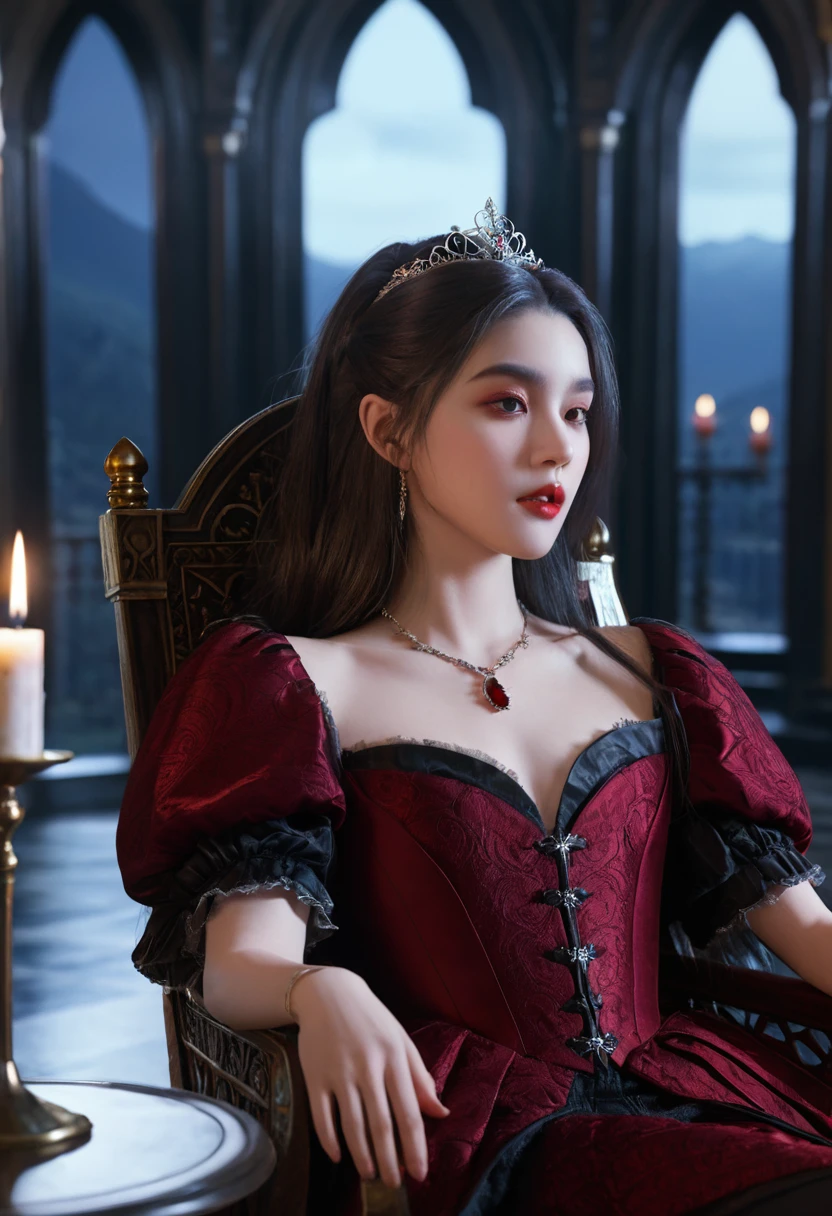 masterpiece,best quality,realistic,highres,Highly detailed,blurry background,1girl,((portrait)),close-up,bangs,elf,elf ear,crystal earrings,((crown)),crystal crown,(black dress),(juliet sleeves),corset,red_bow,collar,((night)),fluorescent plant,neon lights, nude full body
