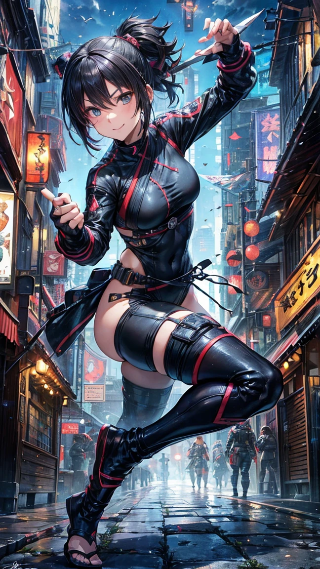 (1 mature female ninja,Age 35), ((Pub,guild)),(smile),Dynamic pose,Dynamic Angle,Pose for a photo,From below,Elderly woman、Trading Card Game Frames、Highest Rare、Five Fingers、Signature mark、Big Butt、Black Hair、Fighting Pose、Ninja costume、Full Body Suit、kunai、Japanese style cyberpunk、A ninja running through a modern city