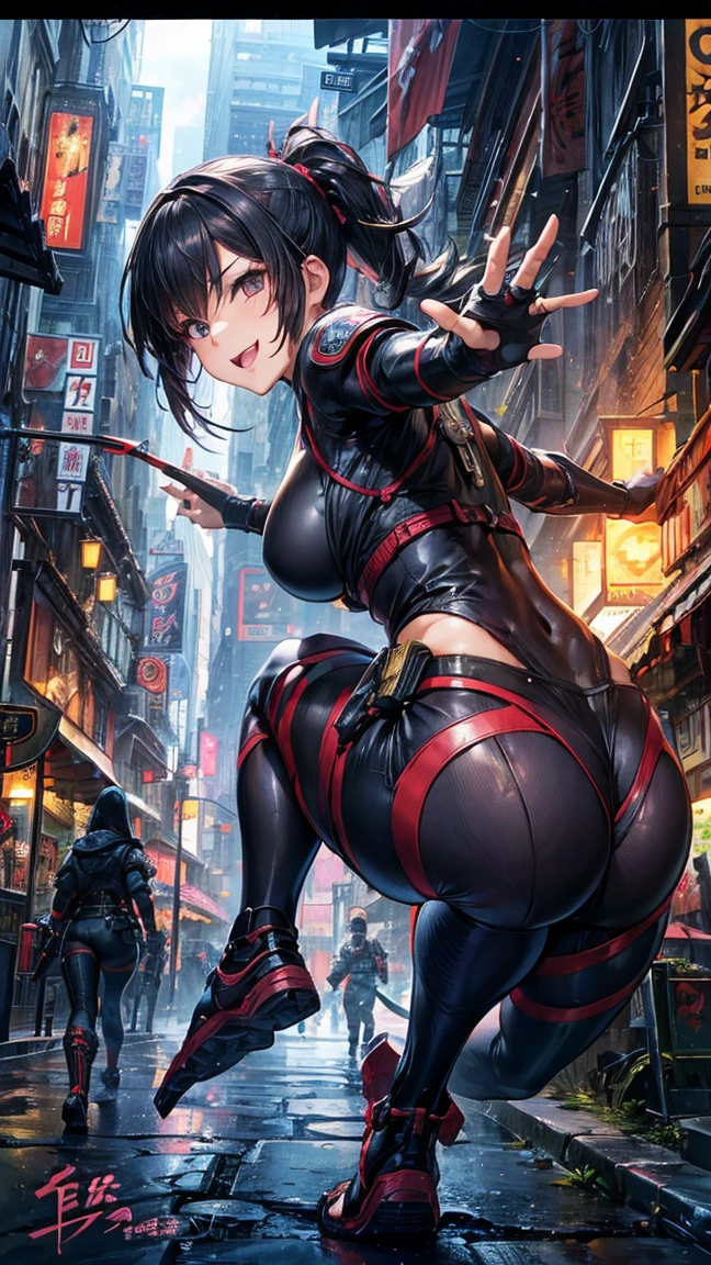 (1 mature female ninja,Age 35), ((Pub,guild)),(smile),Dynamic pose,Dynamic Angle,Pose for a photo,From below,Elderly woman、Trading Card Game Frames、Highest Rare、Five Fingers、Signature mark、Big Butt、Black Hair、Fighting Pose、Ninja costume、Full Body Suit、kunai、Japanese style cyberpunk、A ninja running through a modern city