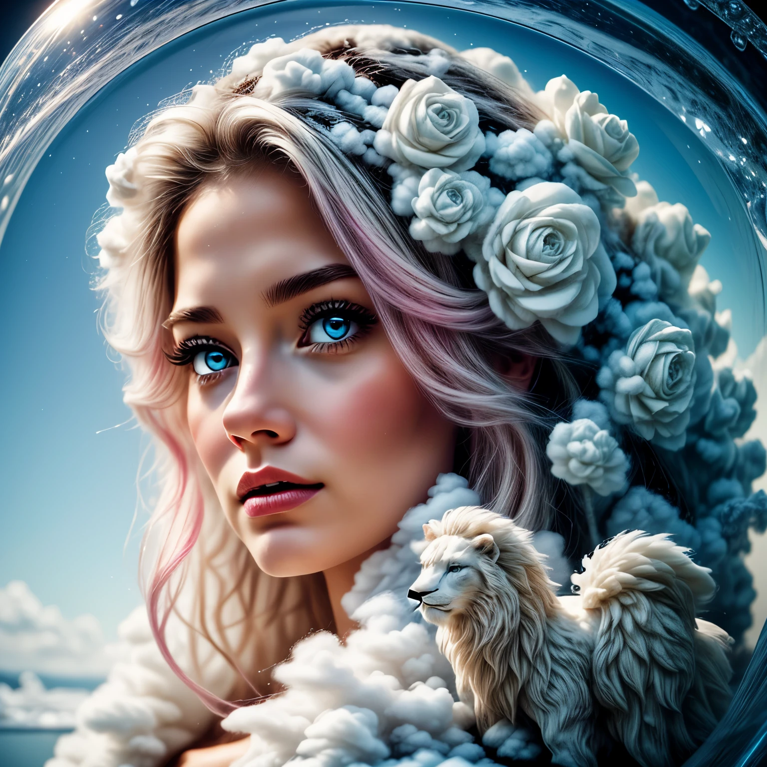 Cotton Candy Queen Women Goddess 8k Resolution Rendered Hyper Realistic Intricate Detail lives in an frosty ice bubble, a fanciful place filled with castles, cotton candy, swans white lions angel hair lakes and fluffy clouds, An intricate visual representation of computer programing, rendered in 24k resolution with intricate details and symbols.