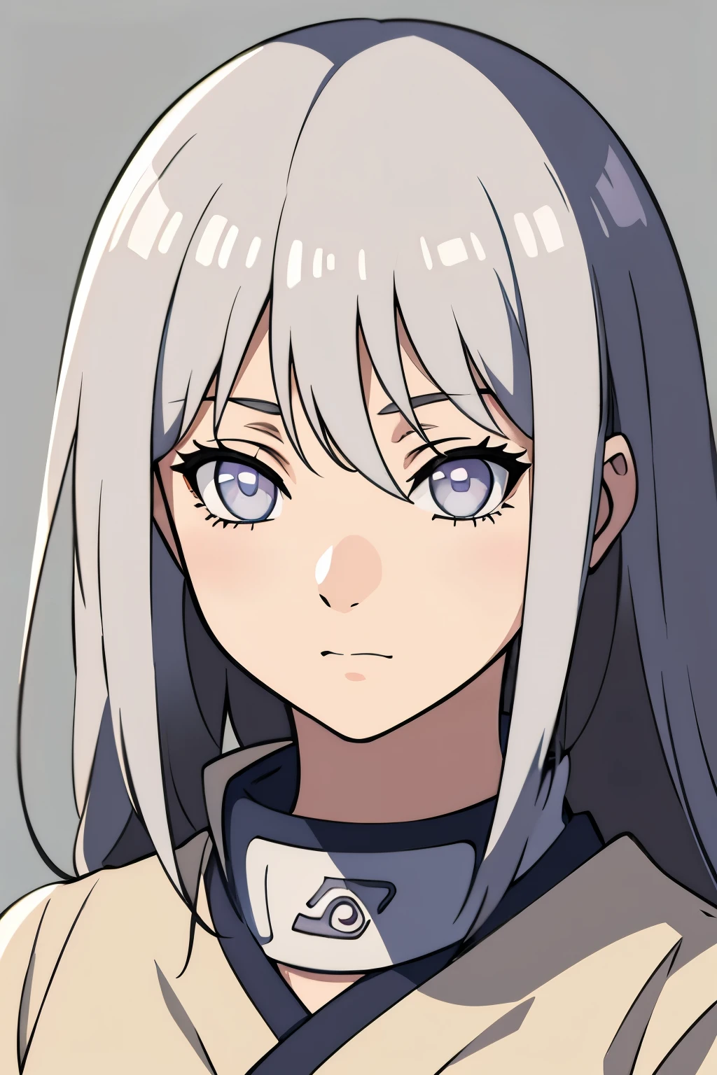 (high-quality, breathtaking),(expressive eyes, perfect face) portrait, Symmetrical Eyes, 1girl, female, solo, teenager, white hair, white coloured eyes, byakugan, naruto art style, long hair, fluffy hair, feminine face, grey background, detailed eyes, hyuga, Ōtsutsuki, naruto ninja attire, neutral expression, soft smile, neji hyuga clothing