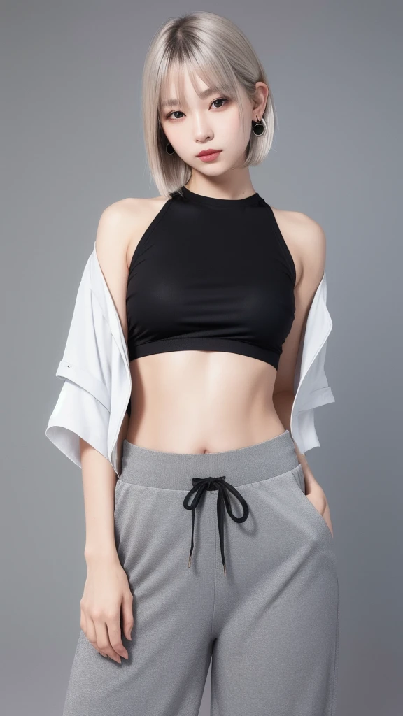 (8K, Photorealistic, Raw photo, Highest quality: 1.4),Japanese idol-style beautiful girl,model,1 person,18-year-old,(Short Bob),(Silver Hair :1.2),She has her hair tucked behind her ears,Clear grey eyes,Long eyelashes,(piercings(small)),(Lip gloss),lips(Plump,glossy),thin long neck,(Micro T-shirt((Perfect for the skin),(Black),(Short length that shows the navel))),(Layer a sheer jacket(Black)),(Wide leg pants((Sweat fabric),(Length that covers the instep))),pumps,Full body portrait
