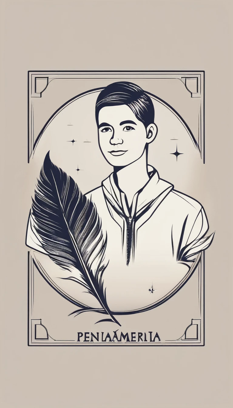 Create a minimal, modern, simple, inspirational, memorable, dream like icon design of a boy and a feather for the brand“Penamemoria".