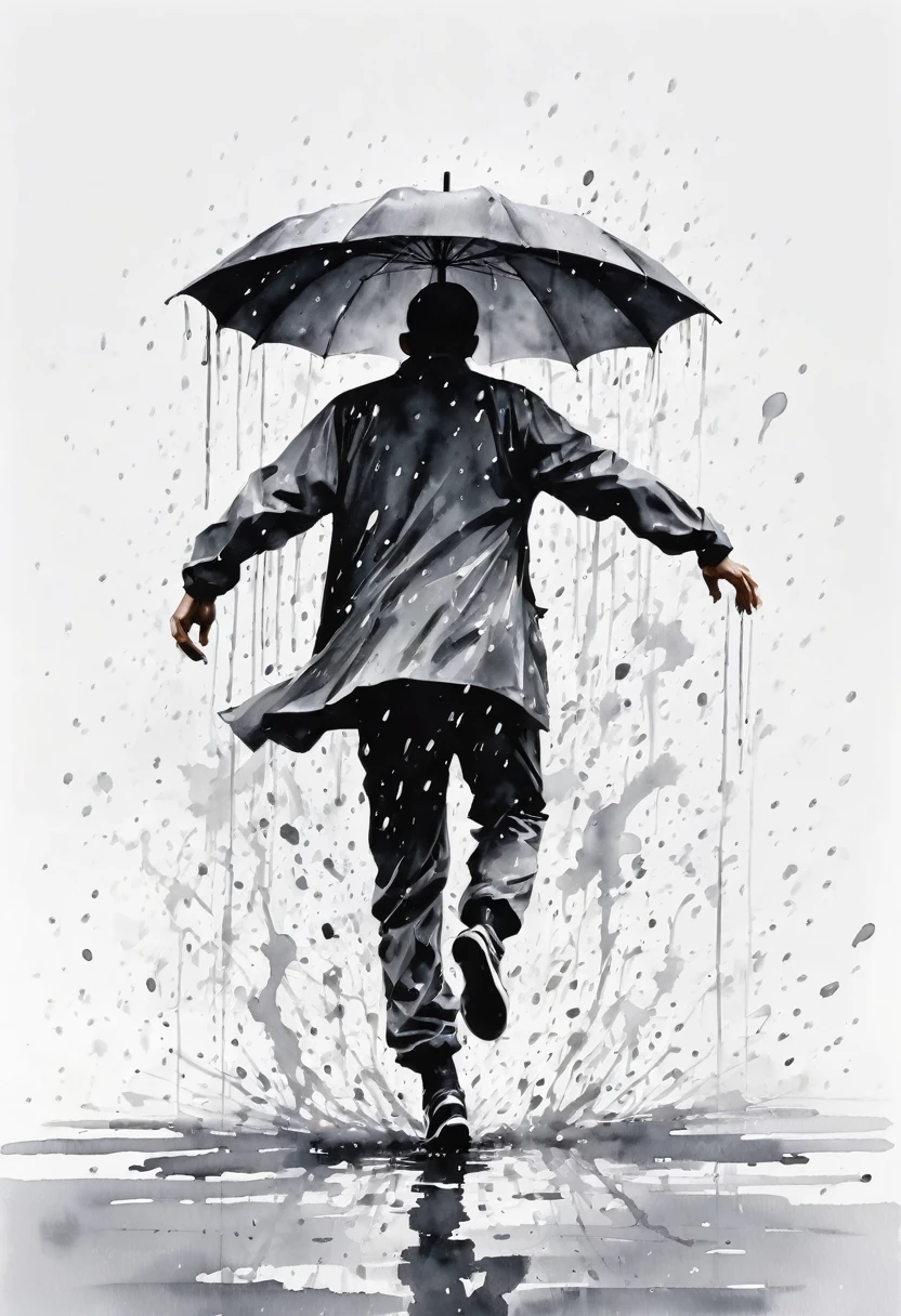中国Ink Painting, Gray and White, Minimum,White background,The Trail, Minimalism, Huge negative space, Ink Painting, Abstract,heavy rain,A person dancing in the rain