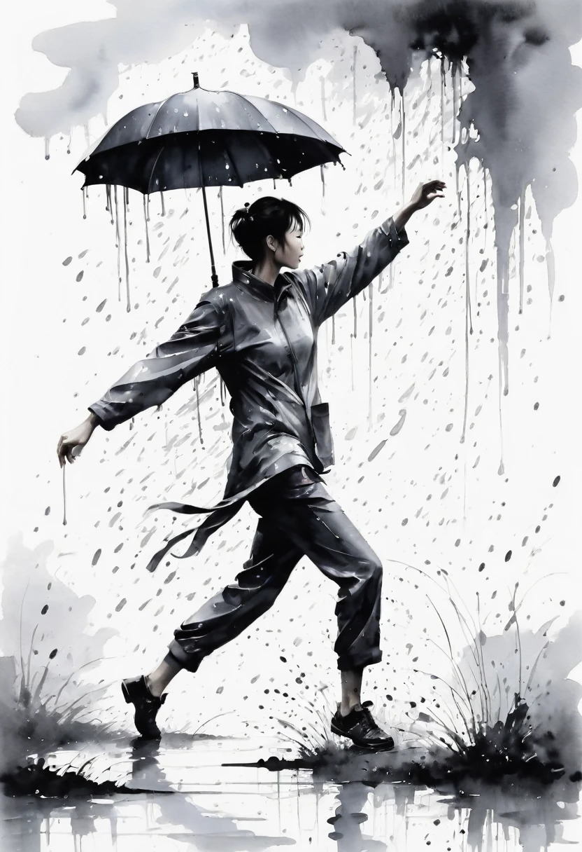 中国Ink Painting, Gray and White, Minimum,White background,The Trail, Minimalism, Huge negative space, Ink Painting, Abstract,heavy rain,A person dancing in the rain